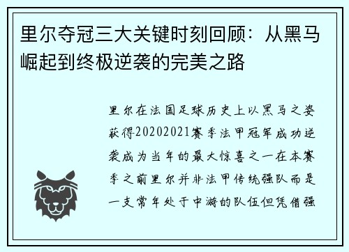 里尔夺冠三大关键时刻回顾:从黑马崛起到终极逆袭的完美之路 里尔夺冠三大关键时刻回顾:从黑马崛起到终极逆袭的完美之路