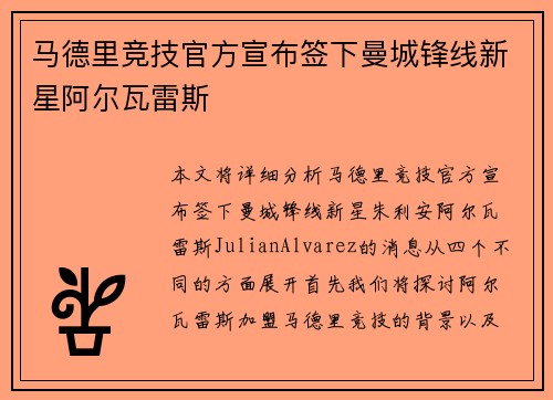 马德里竞技官方宣布签下曼城锋线新星阿尔瓦雷斯