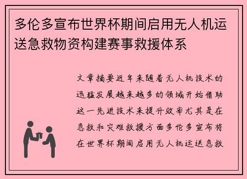 多伦多宣布世界杯期间启用无人机运送急救物资构建赛事救援体系